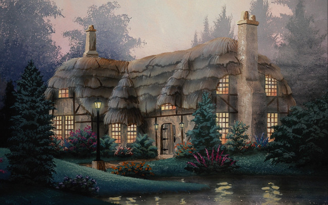 Обои картинки фото рисованное, города, дом, свет, пруд, ели, туман, thomas, kinkade