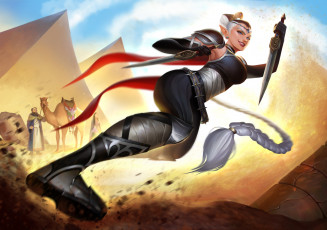 Картинка фэнтези эльфы меч униформа взгляд улыбка фон девушка