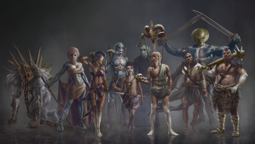 Картинка фэнтези существа девушки мужчины фон оружие униформа