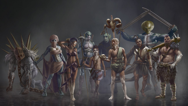 Обои картинки фото фэнтези, существа, девушки, мужчины, фон, оружие, униформа