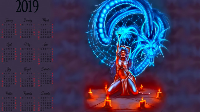 Обои картинки фото календари, фэнтези, дракон, девушка, свеча, магия
