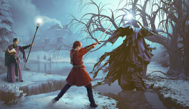 Обои картинки фото разное, компьютерный дизайн, девушка, мужчина, фон, бой, меч, магия