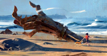 обоя фэнтези, роботы,  киборги,  механизмы, рука, собака, мальчик, море, лента