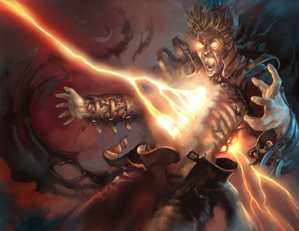 Обои картинки фото фэнтези, магия, мужчина, крик, удар, молния, фон