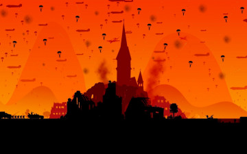 обоя векторная графика, город , city, десант, армия, город, силуэты