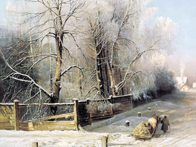 Обои картинки фото алексей саврасов, рисованное, деревья, забор, снег, повозка