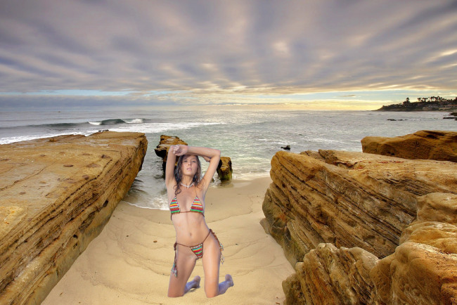 Обои картинки фото девушки, katya clover , катя скаредина, море, скалы, поза, бикини