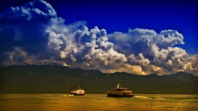 Обои картинки фото корабли, разные, вместе, паром, горы