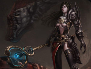 Картинка фэнтези маги девушка посох змея монстр