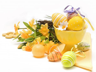 Картинка праздничные пасха цветы крашенки яйца нарциссы свеча