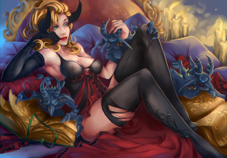 Картинка фэнтези красавицы чудовища чулки свечи девушка книги демоны