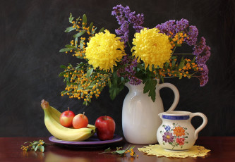 Картинка еда натюрморт хризантемы бананы яблоки мимоза