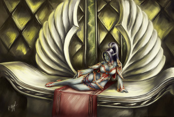 Картинка фэнтези эльфы хвостик поза лицо уши крылья лежит девушка эльф