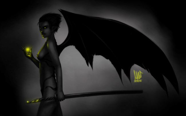 Обои картинки фото фэнтези, демоны, крылья, демоница, девушка, магия, меч