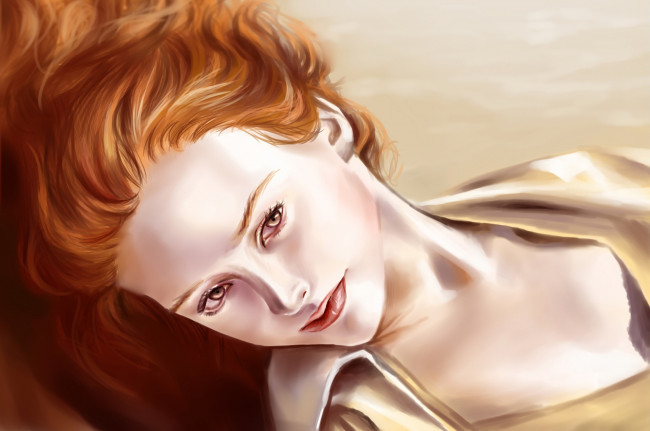 Обои картинки фото рисованные, люди, волосы, рыжая, лицо, взгляд, губы