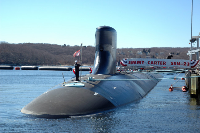 Обои картинки фото uss, jimmy, carter, корабли, подводные, лодки, причал, порт, сша, флаг, субмарина
