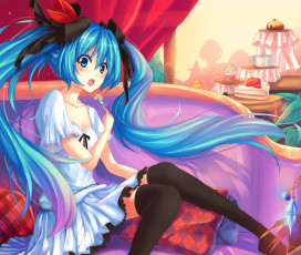 Картинка vocaloid аниме art addigni девушка hatsune miku взгляд удивление жест вилка тахта комната вокалоид