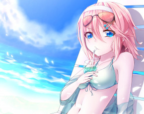 Картинка vocaloid аниме art напиток вокалоид море шезлонг грудь смущение недовольство взгляд kagamine rin девушка mamome