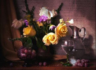 Картинка еда натюрморт вино виноград розы