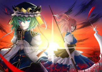 Картинка аниме touhou shikieiki yamaxanadu art коса слёзы взгляд девушки onozuka komachi закат облака небо цветы