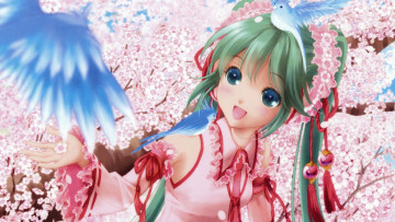 Картинка vocaloid аниме деревья hatsune miku арт сакура птички девушка вокалоид