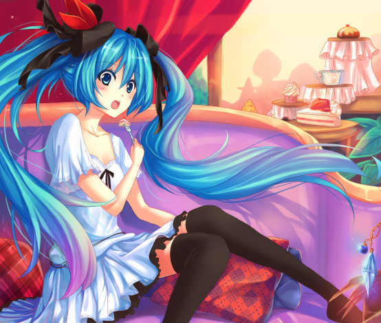 Обои картинки фото vocaloid, аниме, art, addigni, девушка, hatsune, miku, взгляд, удивление, жест, вилка, тахта, комната, вокалоид