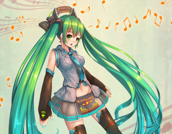 Обои картинки фото vocaloid, аниме, ноты, полет, удивление, взгляд, hatsune, miku, девушка, fangxiang, cuoluan, art, вокалоид