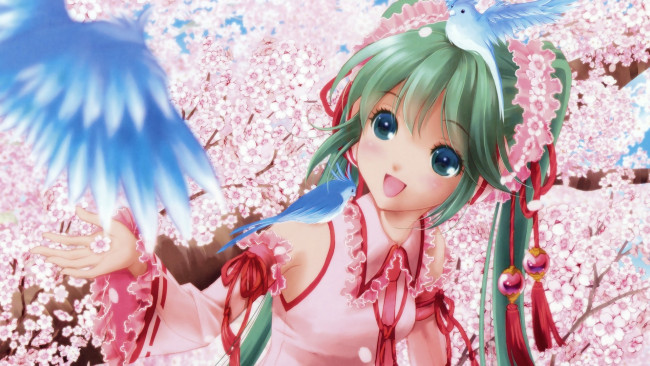 Обои картинки фото vocaloid, аниме, деревья, hatsune, miku, арт, сакура, птички, девушка, вокалоид