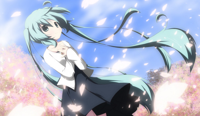 Обои картинки фото vocaloid, аниме, облака, небо, деревья, лепестки, вокалоид, сакура, hatsune, miku, девушка, yuzuki, kei, арт