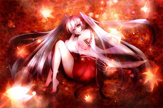 Обои картинки фото vocaloid, аниме, листья, девушка, hatsune, miku, itsuneko, арт, вокалоид, осень