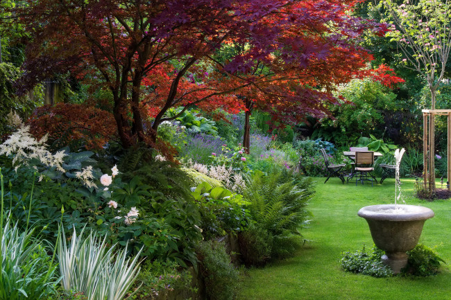 Обои картинки фото природа, парк, кусты, деревья, фонтан