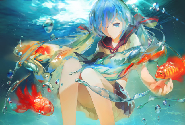 Обои картинки фото аниме, vocaloid, вокалоид, школьница, рыбки, вода, девушка, bottle, miku