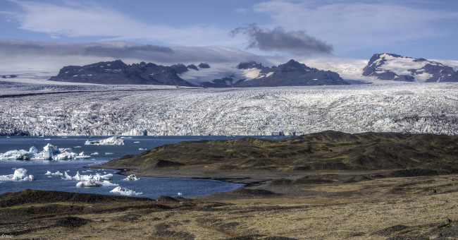 Обои картинки фото природа, реки, озера, лёд, небо, горы, река, облака