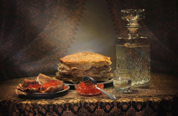 Картинка еда блины +оладьи водка графин икра