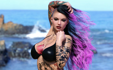 Картинка 3д+графика люди+ people волосы красота взгляд пирсинг грудь лифчик белье