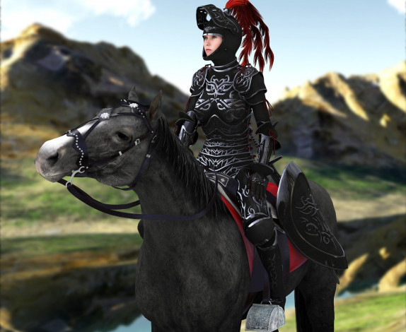 Обои картинки фото 3д графика, люди и животные , people and animals, рыцарь, лошадь, фон, взгляд, девушка