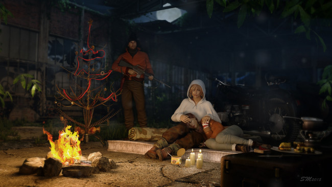 Обои картинки фото 3д графика, фантазия , fantasy, девушки, парень, оружие, фон, взгляд