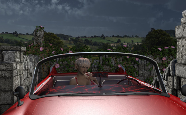 Обои картинки фото 3д графика, люди-авто, мото , people- car ,  moto, автомобиль, фон, взгляд, девушка