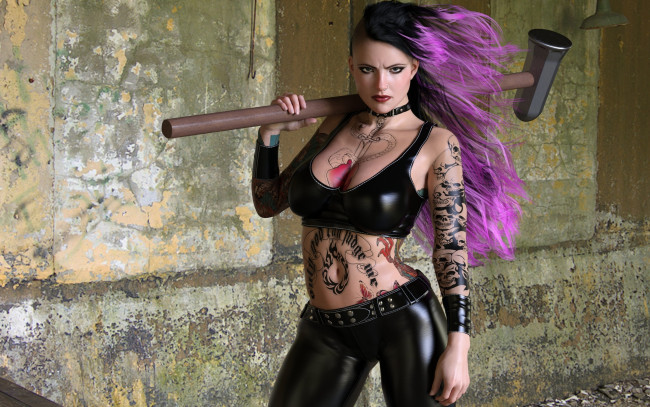 Обои картинки фото 3д графика, люди , people, девушка, панк, кувалда, грудь, взгляд, тату, стена, прическа