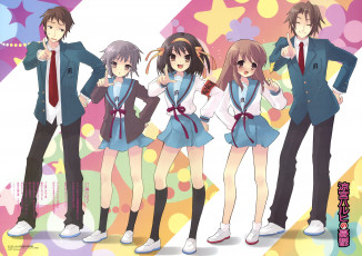 Картинка аниме the+melancholy+of+haruhi+suzumiya девушки взгляд фон