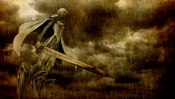 Картинка аниме claymore плащ воин narihiro yagi clare меч пасмурно art ливень доспехи