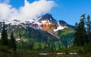 Картинка природа горы небо снег лес тучи пейзаж вершина