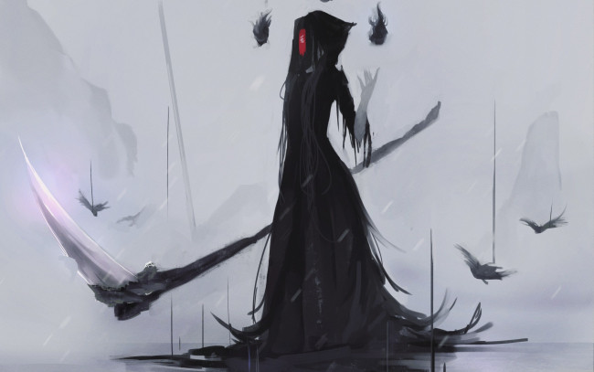 Обои картинки фото аниме, оружие,  техника,  технологии, смерть, готика, арт, девувшка, птицы, коса, огонь