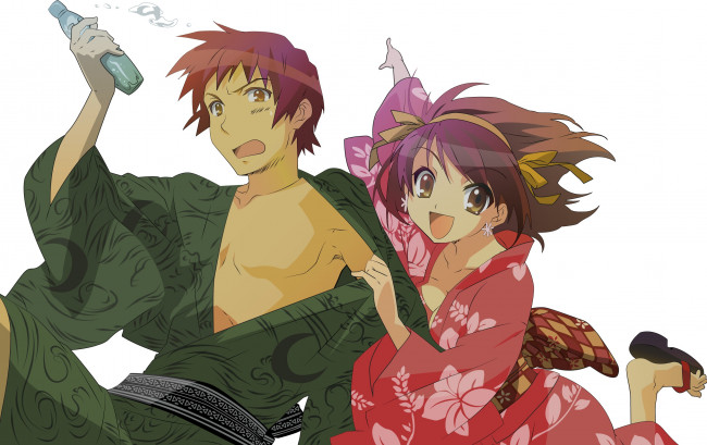 Обои картинки фото аниме, the melancholy of haruhi suzumiya, девушка, взгляд, фон