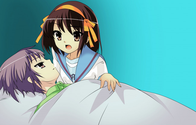 Обои картинки фото аниме, the melancholy of haruhi suzumiya, девушка, взгляд, фон