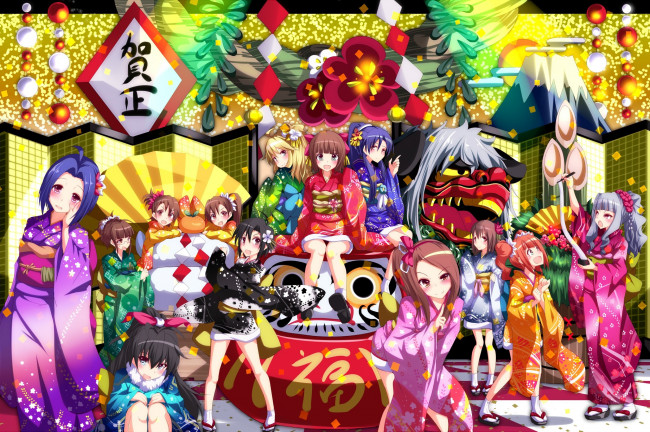 Обои картинки фото аниме, idolm@ster, фон, взгляд, девушки