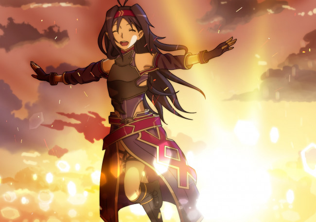 Обои картинки фото аниме, sword art online, девушка, взгляд, фон