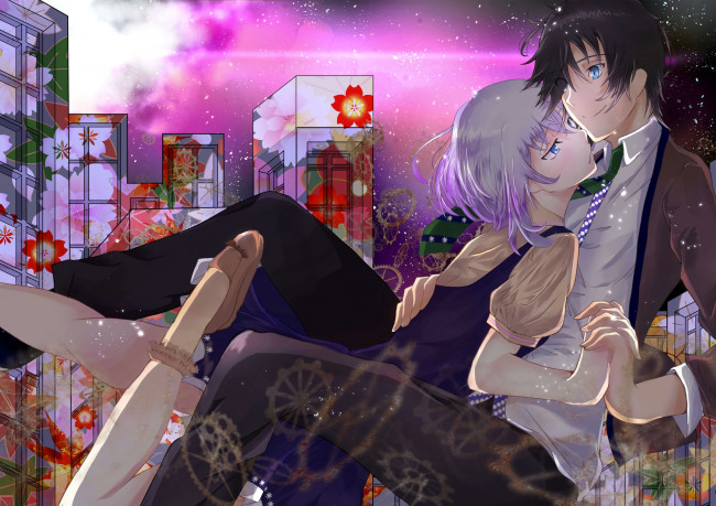 Обои картинки фото аниме, unknown,  другое, девушка, парень, фон, взгляд