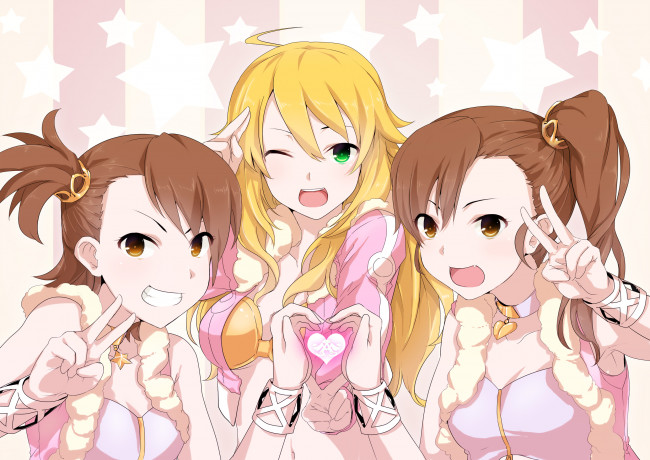 Обои картинки фото аниме, idolm@ster, взгляд, девушки, фон