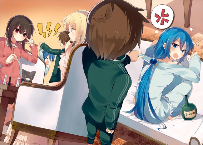 Обои картинки фото аниме, kono subarashii sekai ni shukufuku wo, девушки, взгляд, фон